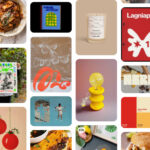 A colorful collage featuring food, abstract art, books, posters, and objects including pasta, tomatoes, a lightbulb sculpture, and various graphic designs with bold shapes and colors.