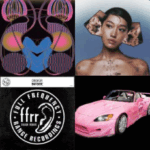 A collage of four album covers: abstract colorful shapes, a woman with floral decorations and abstract earrings, a black-and-white record label logo, and a pink sports car with designs on its hood.