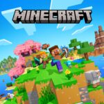 Minecraft game cover art showing blocky characters holding tools and swords on a grassy, colorful island with trees, animals, and a pink tree. The Minecraft logo is displayed at the top against a blue sky.