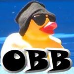 A rubber duck wearing sunglasses and a black beanie floats in a pool. The bold letters OBB are displayed in front of the duck.