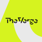 Black text reading “The Verge” is partially obscured by a bold white curve on a bright yellow background, with the letter V stylized as an upside-down triangle.