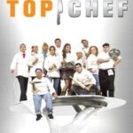 A gloved hand holds a large silver platter with a group of chefs standing on it. Above them, the words “Top Chef” appear, with a knife replacing the letter I in Chef.