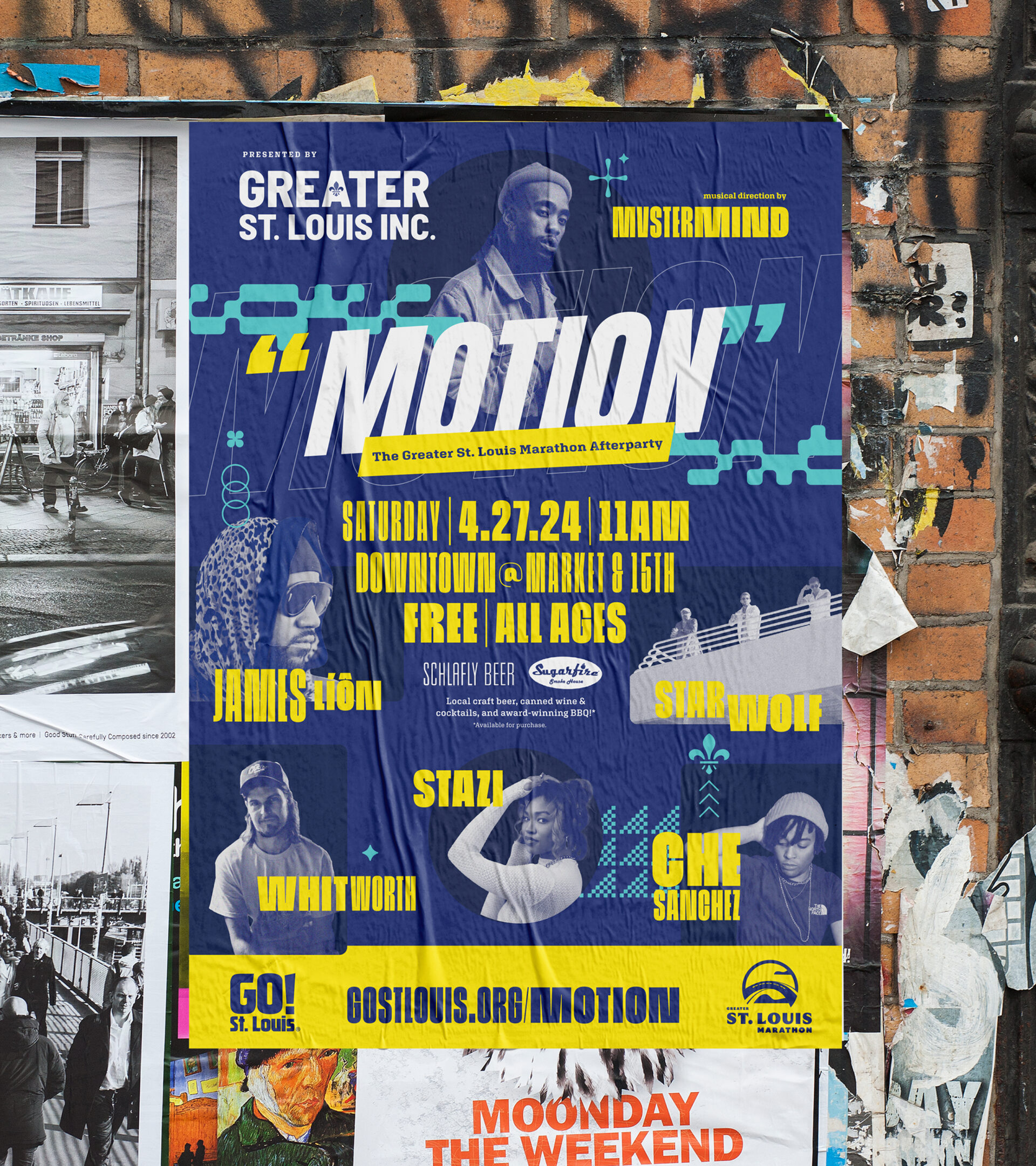 A vibrant blue and yellow poster on a brick wall advertises Motion, an afterparty for the Greater St. Louis Marathon on April 27, 2024, featuring artists and free entry for all ages.