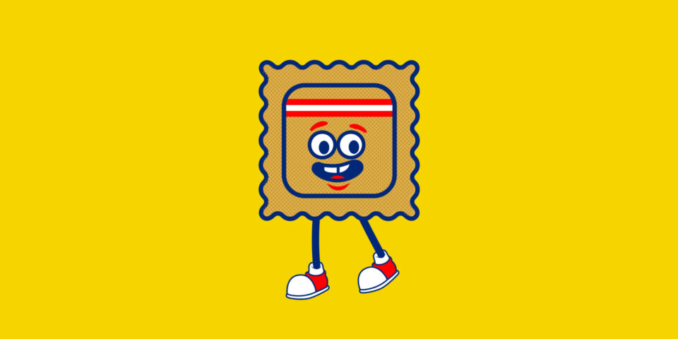A cartoon ravioli with a smiling face, arms, and legs wearing red and white sneakers, stands against a bright yellow background.