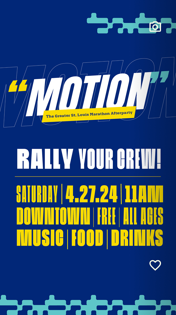 Blue event poster for MOTION: The Greater St. Louis Marathon Afterparty with bold white and yellow text. Event is April 27, 2024, 11AM, downtown. Free, all ages; features music, food, and drinks.