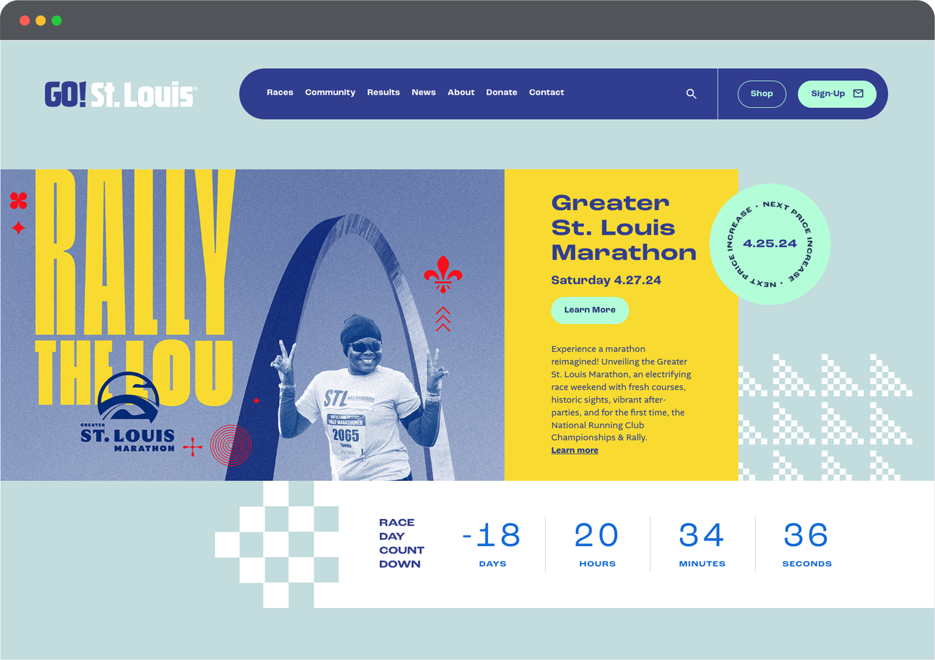 A website for the St. Louis Marathon features a runner smiling at a finish line, bold “Rally the Lou” text, marathon details for April 27, 2024, a countdown timer, and navigation menu options at the top.