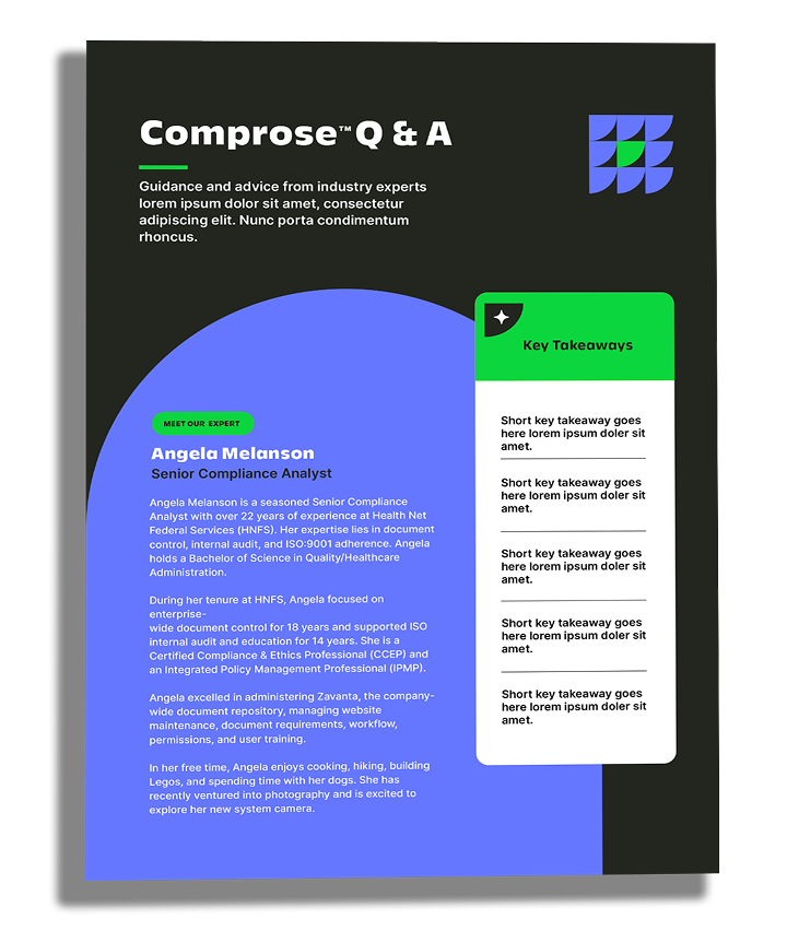 A professional Q&A profile page features Angela Melanson, Senior Compliance Analyst. The layout uses black, green, and purple blocks, with a key takeaways section on the right and a brief bio and career highlights on the left.