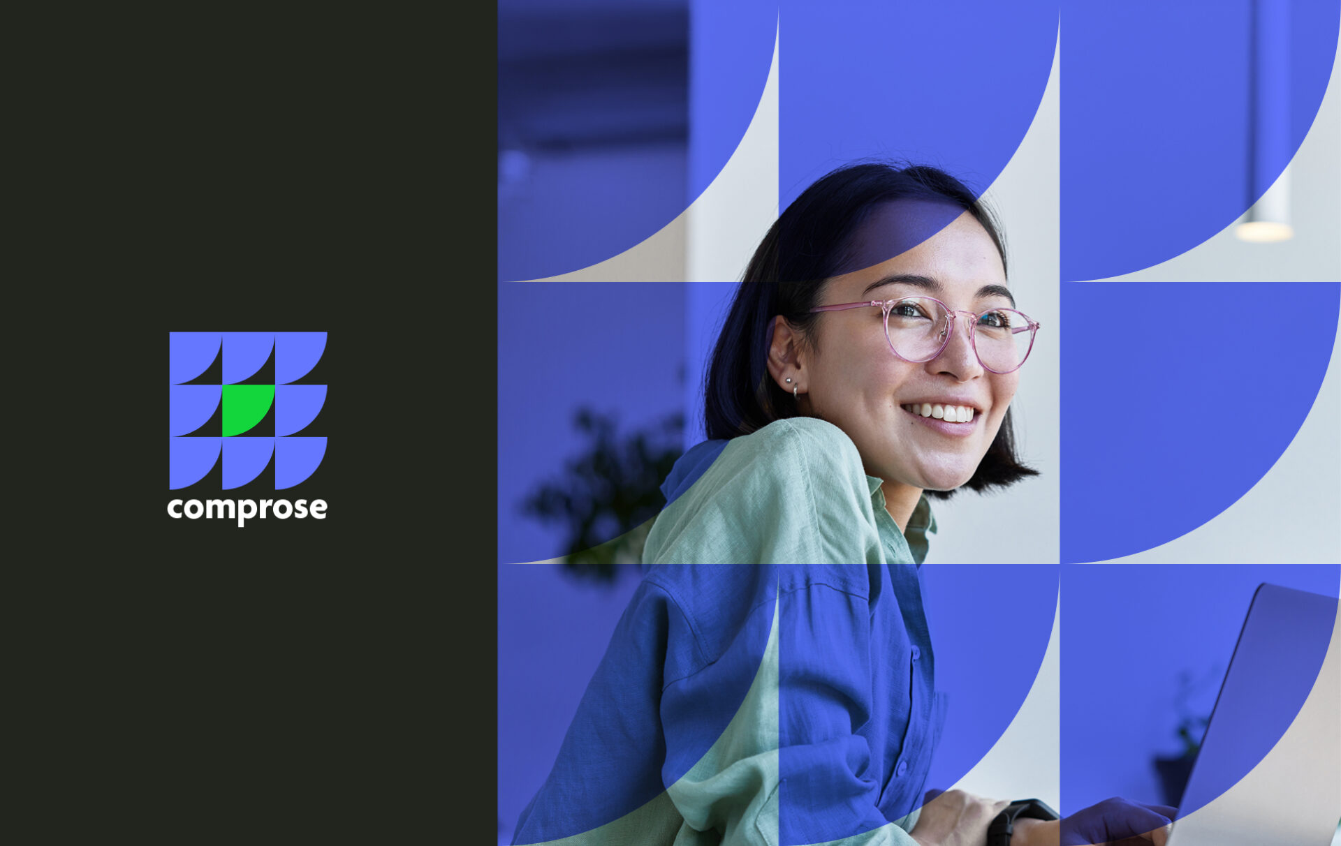 A smiling person with glasses sits at a desk with a laptop. Blue abstract shapes overlay part of the image. On the left, a geometric logo and the word “comprose” appear on a dark background.