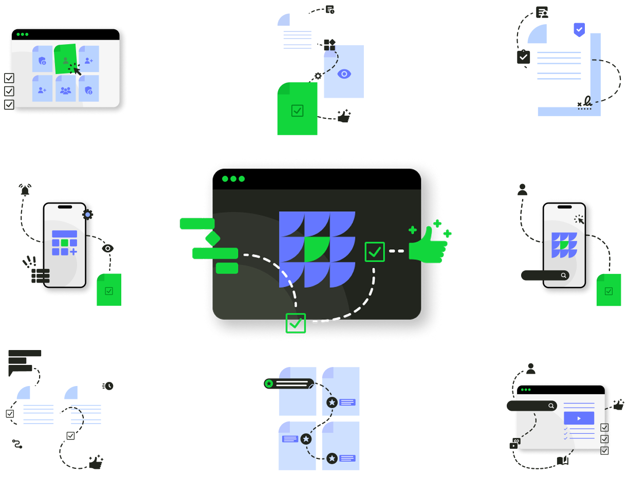 A central computer screen with abstract graphics is surrounded by illustrations of documents, mobile phones, checkmarks, and icons, symbolizing digital communication, document sharing, and workflow processes.