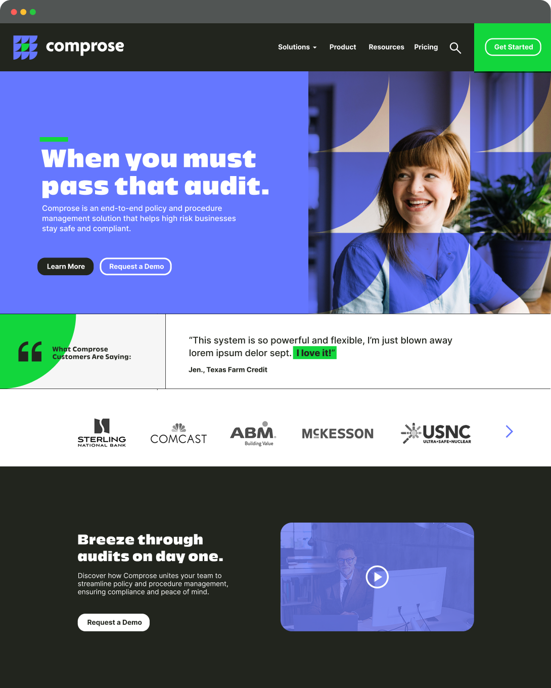 A website homepage for Comprose features a woman smiling at a desk, a headline about passing audits, navigation options, company logos, a testimonial, and buttons to learn more or request a demo. Green and blue color accents are used.