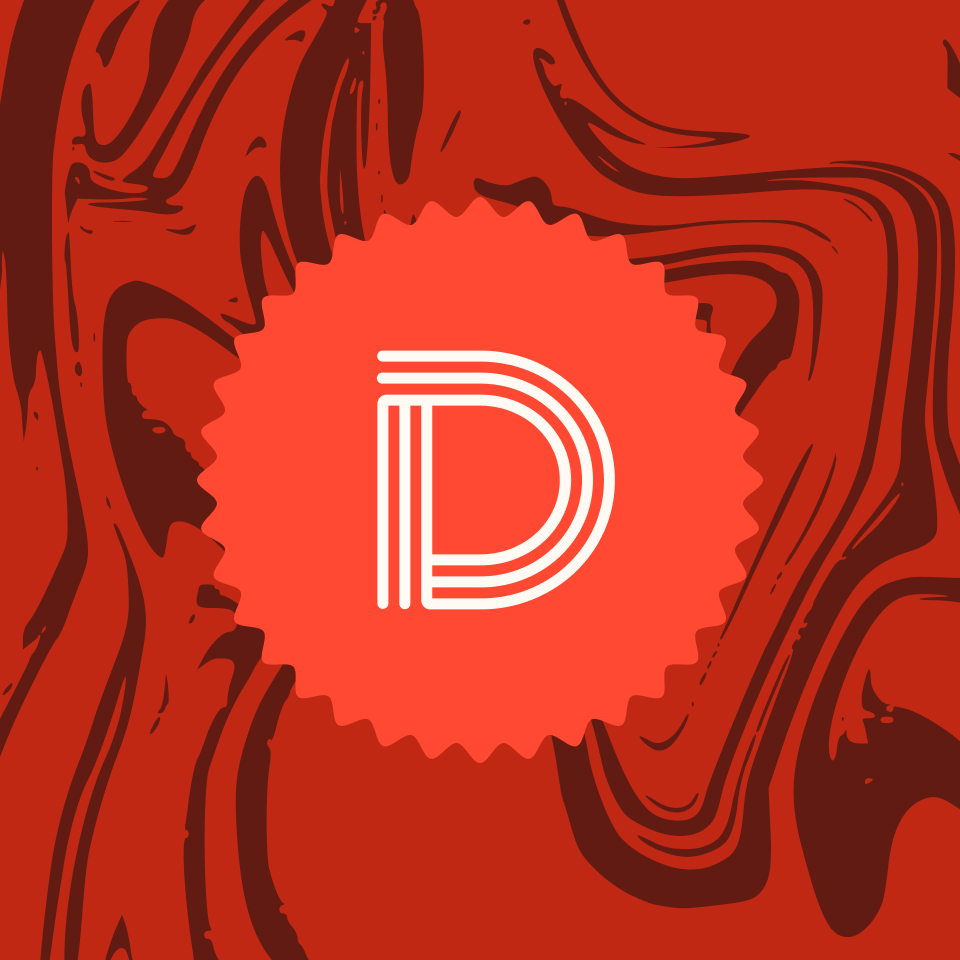 A bold, white letter D with three lines is centered on a bright red, jagged-edged circle. The background features a swirling, marbled pattern in dark and light red tones.