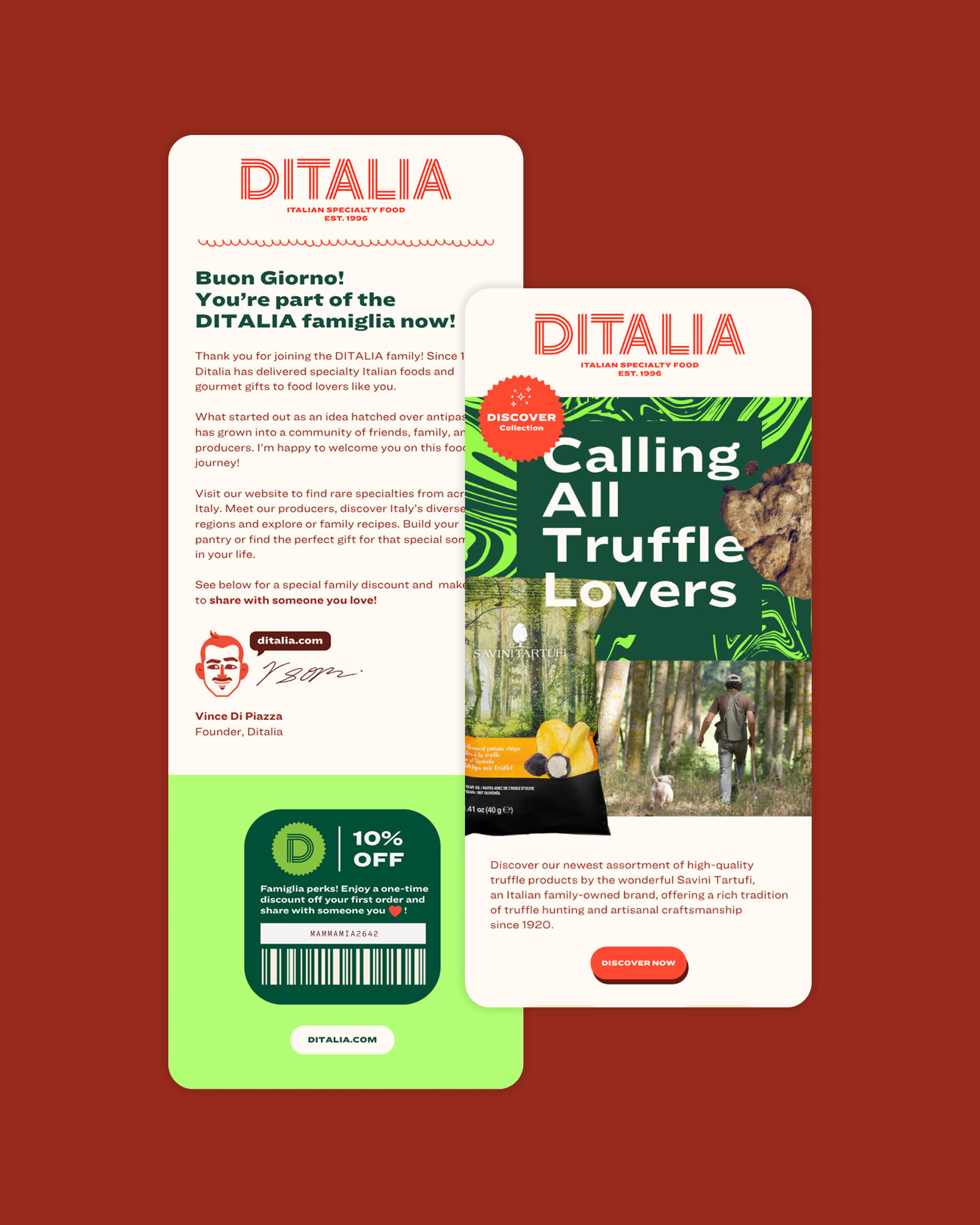 Two promotional cards for DITALIA, an Italian food brand, on a red background. One welcomes new customers with a discount; the other features a truffle lover’s promotion with images of truffles and a truffle hunter in the woods.
