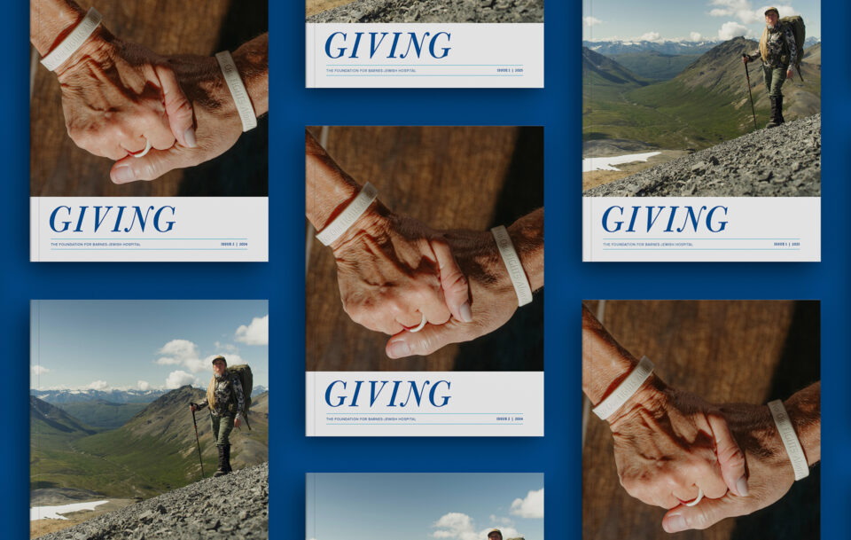 A collage of magazine covers featuring close-up shots of two hands clasped together and a person hiking in a mountainous landscape, with the title GIVING displayed on each cover.
