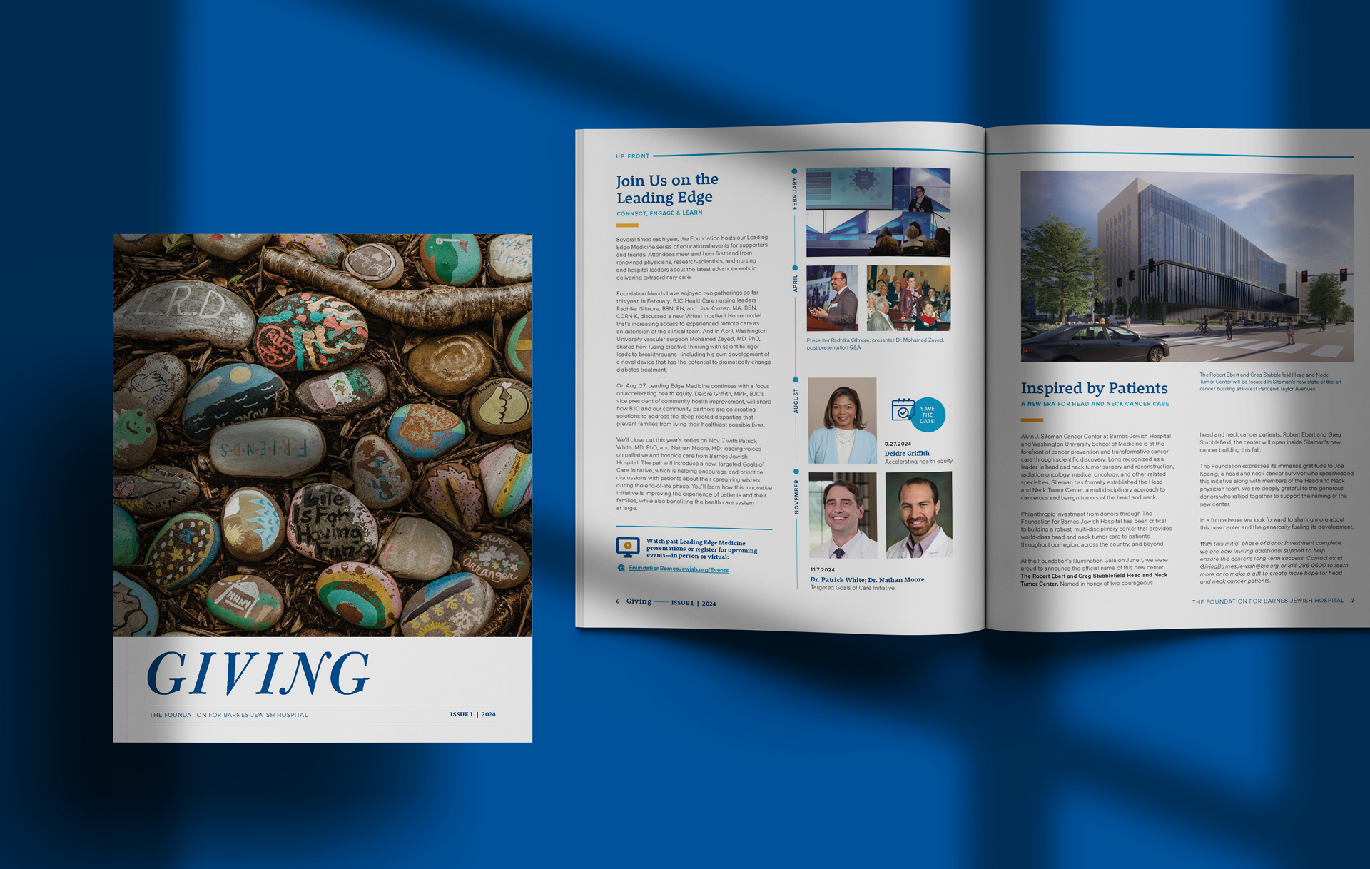 A magazine titled Giving with a cover image of painted rocks appears next to an open spread featuring articles, photos of people, and a building against a blue background.
