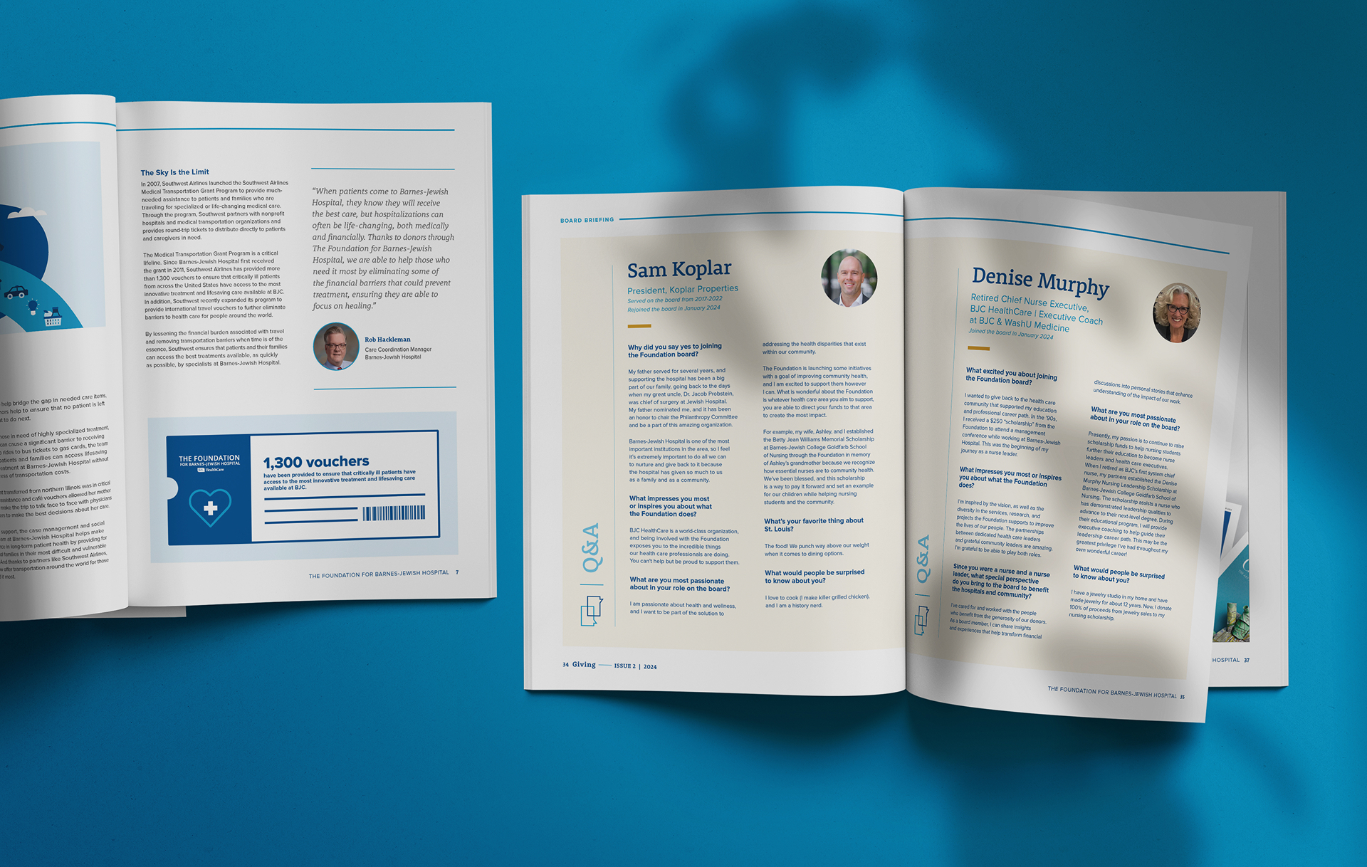 Two open magazines on a blue surface display interview articles with headshots and text. One features Sam Koplar, the other Denise Murphy. The layout is clean with blue accents and columns of text.