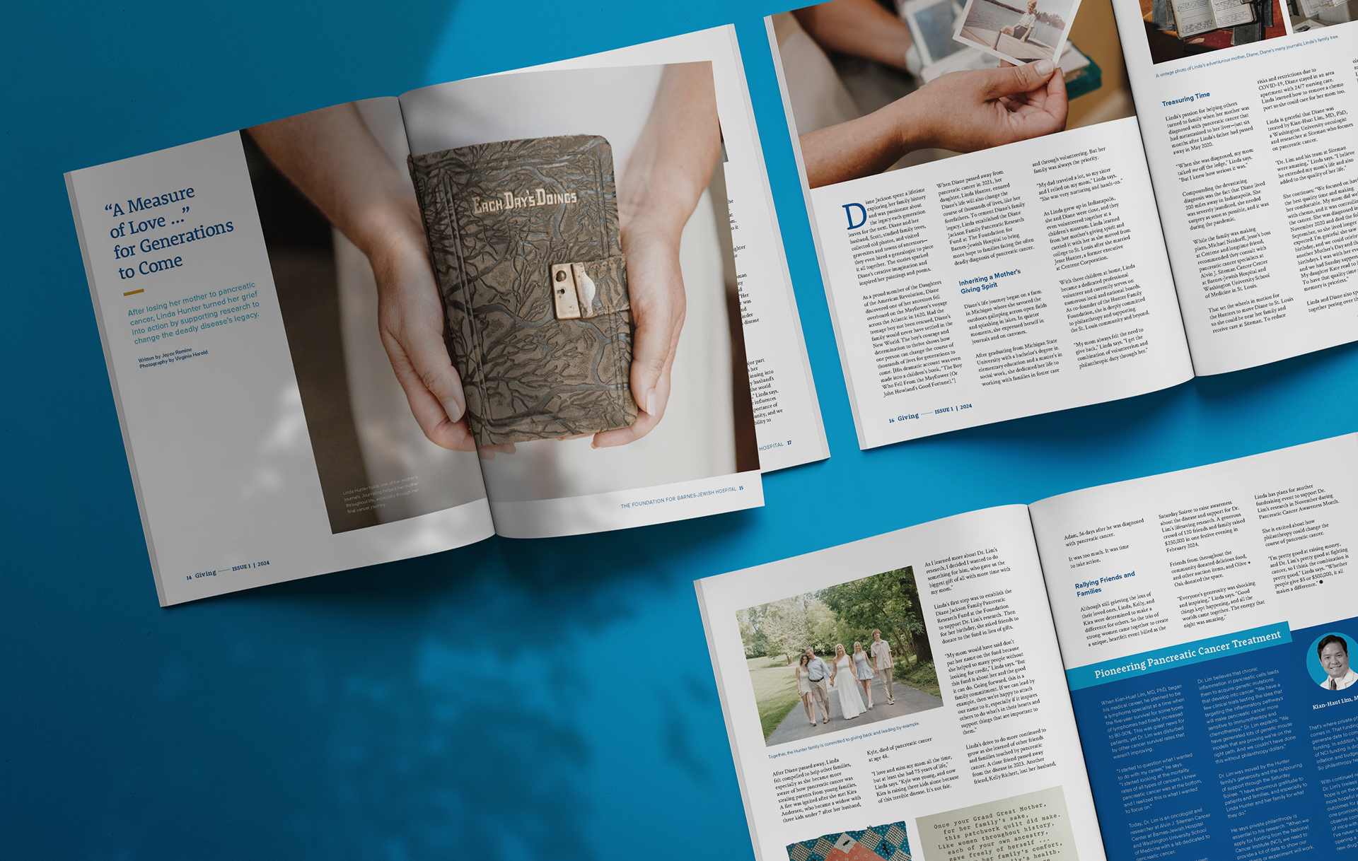Three open magazines lie on a blue surface, displaying articles with text and images. The center magazine shows hands holding a book; others feature people, documents, and text layouts with blue headings.