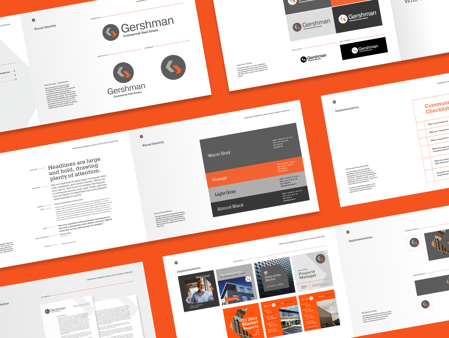 A branding guidelines booklet for Gershman Commercial Real Estate is displayed open on orange background, showing logo variations, color palettes, font styles, and visual branding elements across multiple spread pages.