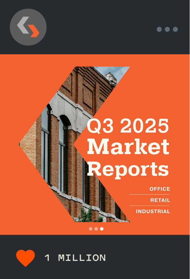 An orange graphic with a photo of a brick building, text reads Q3 2025 Market Reports: Office, Retail, Industrial. Below, a heart icon and 1 MILLION are shown. A gray logo is at the top left.