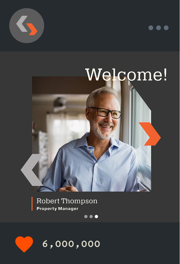 A smiling man with gray hair and glasses stands by a window, wearing a light blue shirt. Text reads Welcome! Robert Thompson, Property Manager and shows a heart icon with 6,000,000 below it.