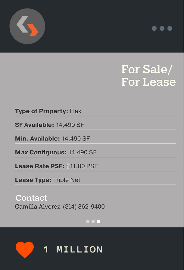 Commercial property listing for sale or lease; 14,490 SF flex space available, $11.00 PSF lease rate, triple net lease. Contact: Camilla Alverez, (314) 862-9400. Orange heart and “1 MILLION” at the bottom.