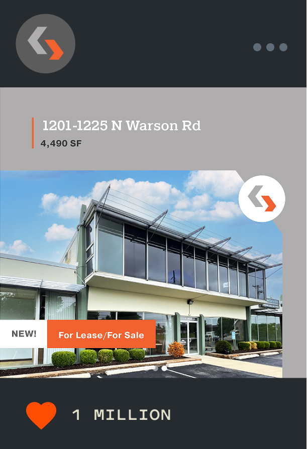 A modern commercial building with large glass windows and a For Lease/For Sale sign, located at 1201-1225 N Warson Rd, 4,490 SF, under a partly cloudy sky. The listing highlights 1 million likes.