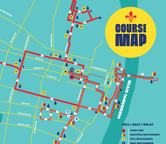 A colorful race course map showing a red route through city streets near the Mississippi River, with mile markers, water stations, and a bold yellow Course Map label in the top right corner.
