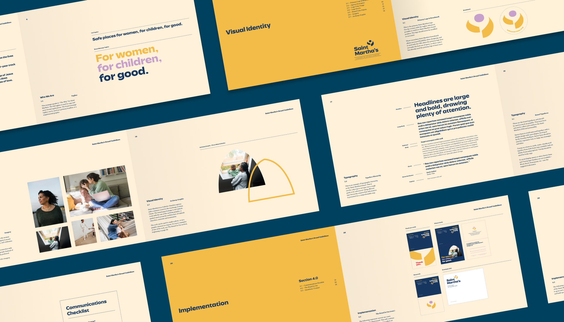 A series of digital presentation slides with a cream and yellow color scheme, featuring text, images of women and children, graphics, and layout examples for a brand identity guide.