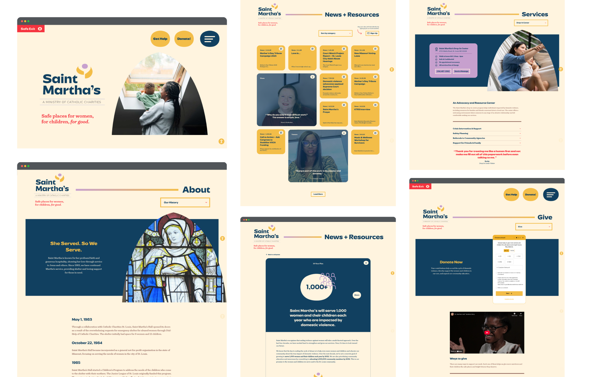 A collage of six website pages for Saint Martha’s, featuring sections on news, resources, services, giving, about, and homepage, with soft yellow backgrounds, blue text, and images of people and stained glass.