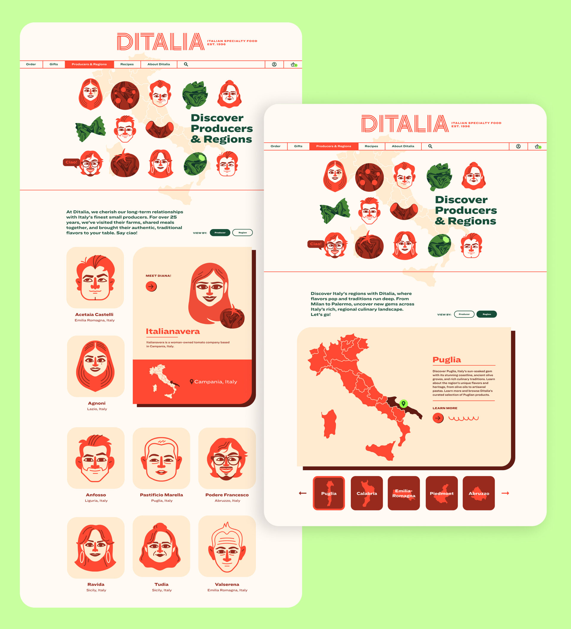 Screenshot of a website called Ditalia, featuring illustrated faces, vegetables, and a map of Italy. The site highlights Italian food producers, regions, and profiles with red and green accents on a light background.