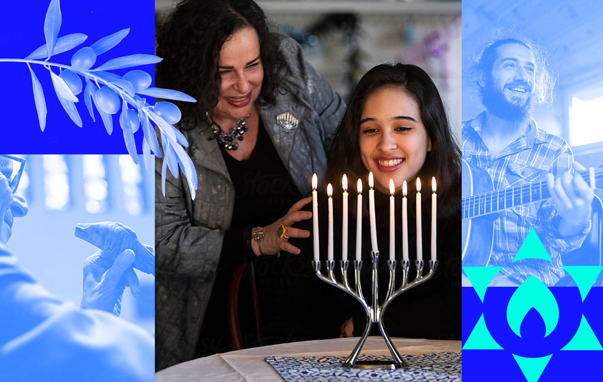 A smiling woman places her hands on a girl’s shoulders as they look at a lit menorah. Surrounding them are blue-tinted images of a man playing guitar, a shofar, an olive branch, and a Star of David.