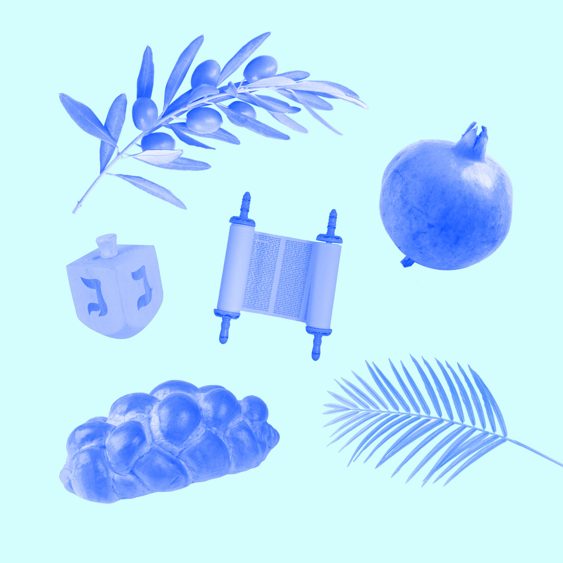 A collage featuring a branch with olives, a pomegranate, a dreidel, a Torah scroll, a loaf of braided challah bread, and a palm frond, all in blue tones on a light blue background.