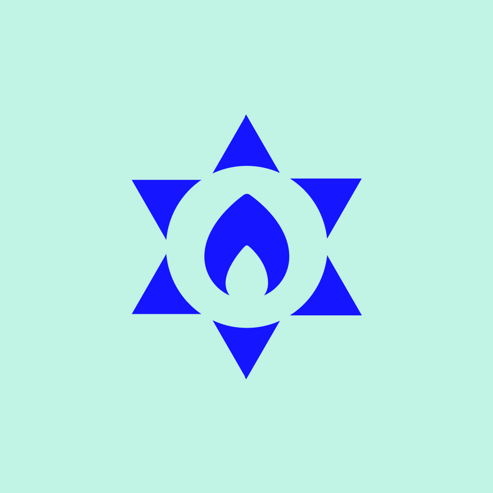 A blue six-pointed star with a blue flame icon in the center, set against a light mint green background.