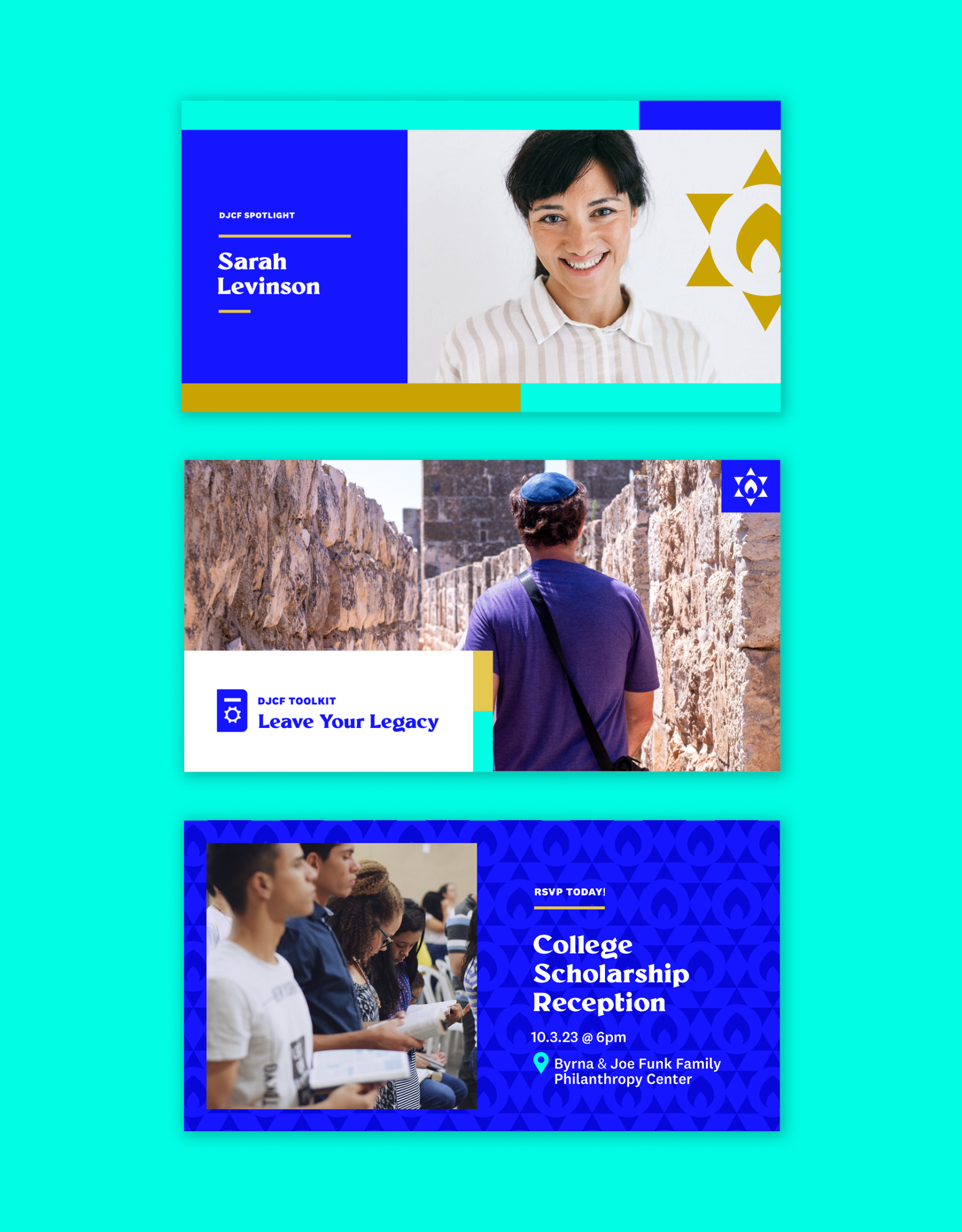 Three rectangular banners: the first shows a smiling woman labeled Sarah Levinson; the second features a person with a backpack facing a stone wall; the third shows students writing, with text about a college scholarship reception.