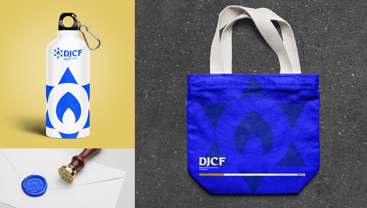 A water bottle, wax-sealed envelope, and blue tote bag with white straps, all featuring the DJCF logo—a stylized flame inside a star and bold text—showcase coordinated branding on various items.