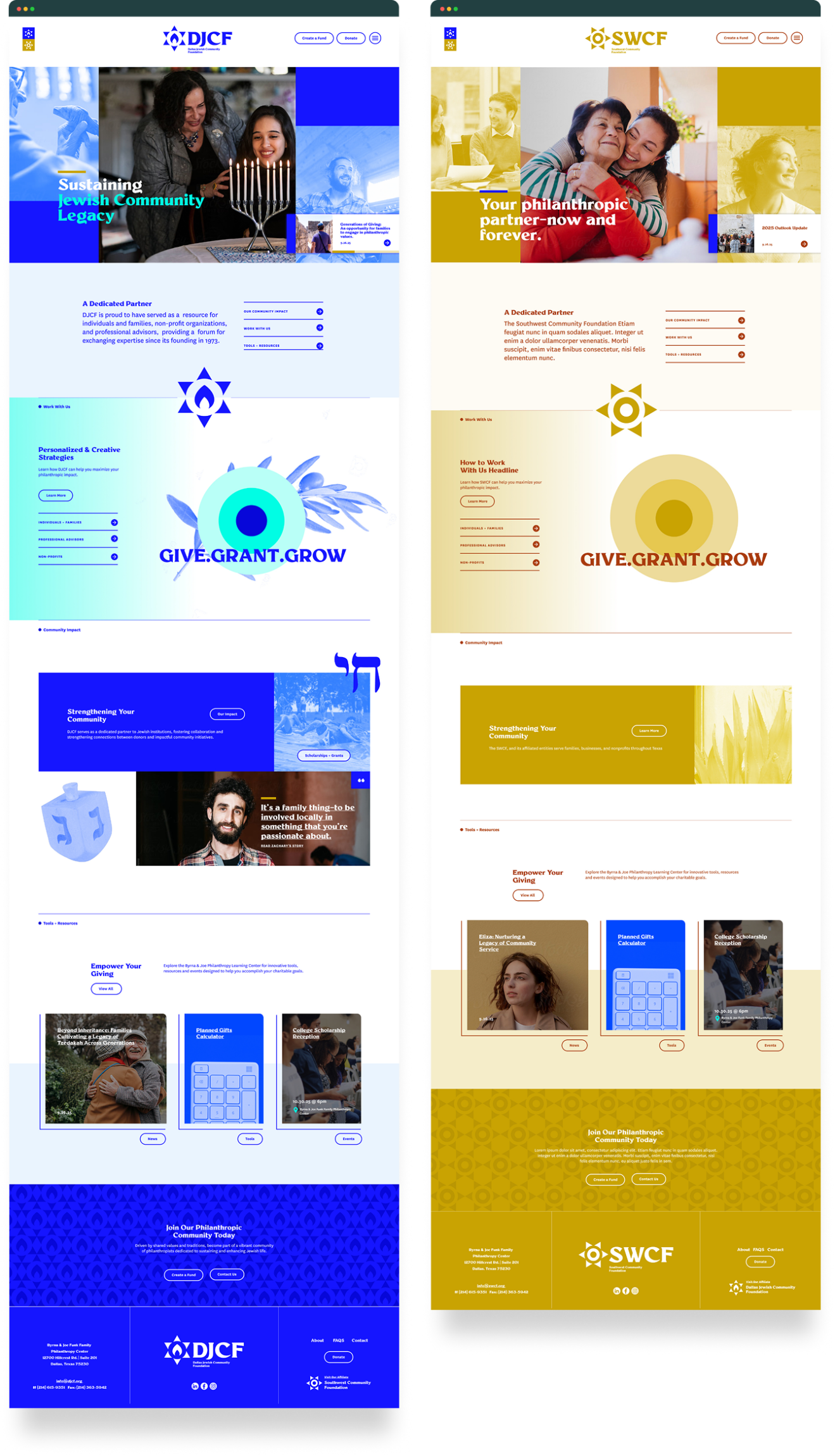 Two website homepage mockups side by side. The left features blue tones and the title DICF, while the right uses gold and the title SWCF. Both highlight sections for grants, news, and donation options with various images and graphics.