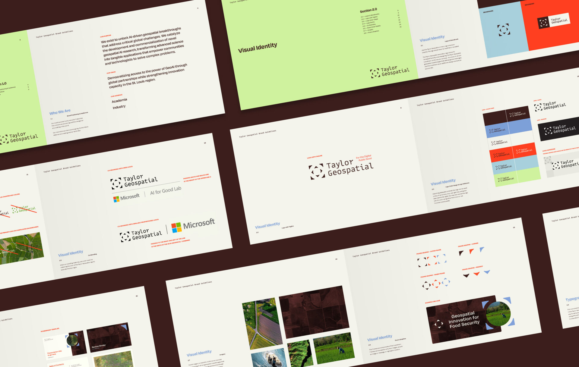 taylor-geospatial-brand-guide - Sprehe Studio A digital layout displays multiple pages from a brand guidelines document for Taylor Geospatial, featuring logos, color palettes, typography, imagery, visual elements, and sample layouts on light backgrounds.