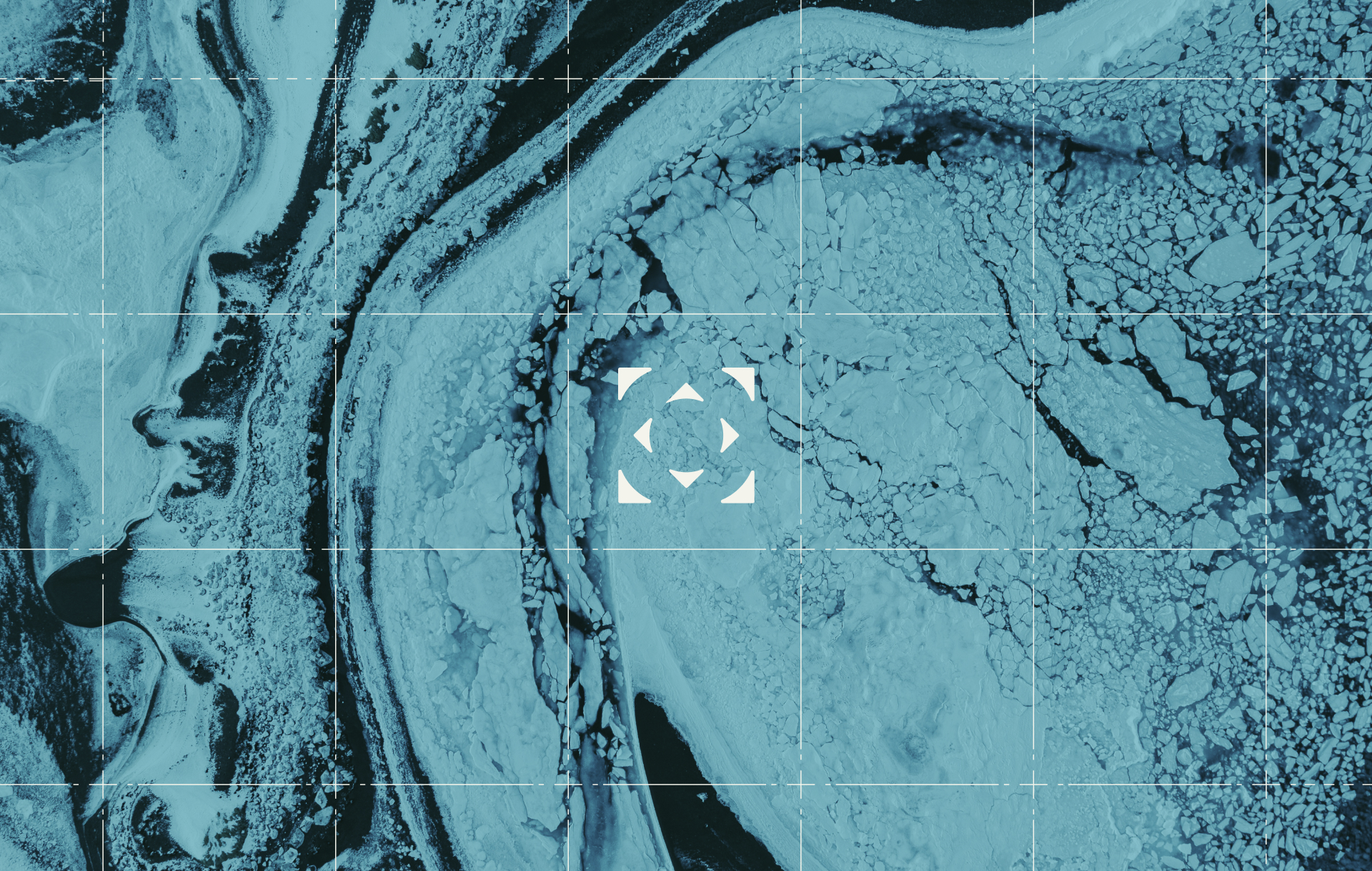taylor-geospatial-lansat-arctic-brandmark - Sprehe Studio Aerial view of cracked ice and swirling patterns on a frozen surface, overlaid with a blue tint and white grid lines, with a central focus icon in the middle.