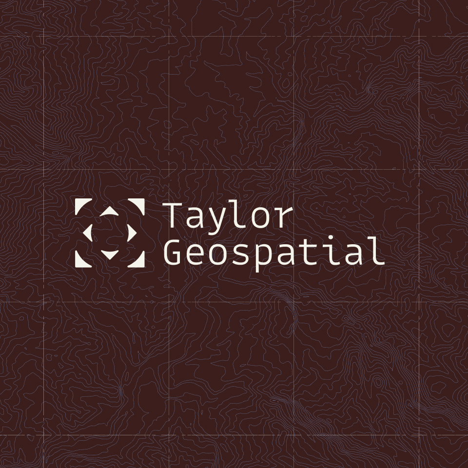 taylor-geospatial-logo-pattern - Sprehe Studio Logo for Taylor Geospatial with white text and a stylized square design on a dark brown background featuring subtle topographic contour lines.