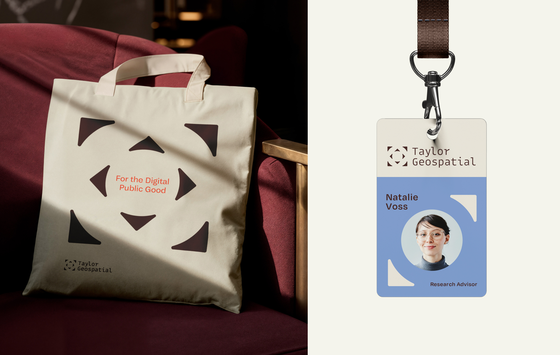 taylor-geospatial-totebag-idbadge - Sprehe Studio A beige tote bag with For the Digital Public Good and the Taylor Geospatial logo sits on a red chair. Next to it is an ID badge for Natalie Voss, Research Advisor, with her photo and the same logo.